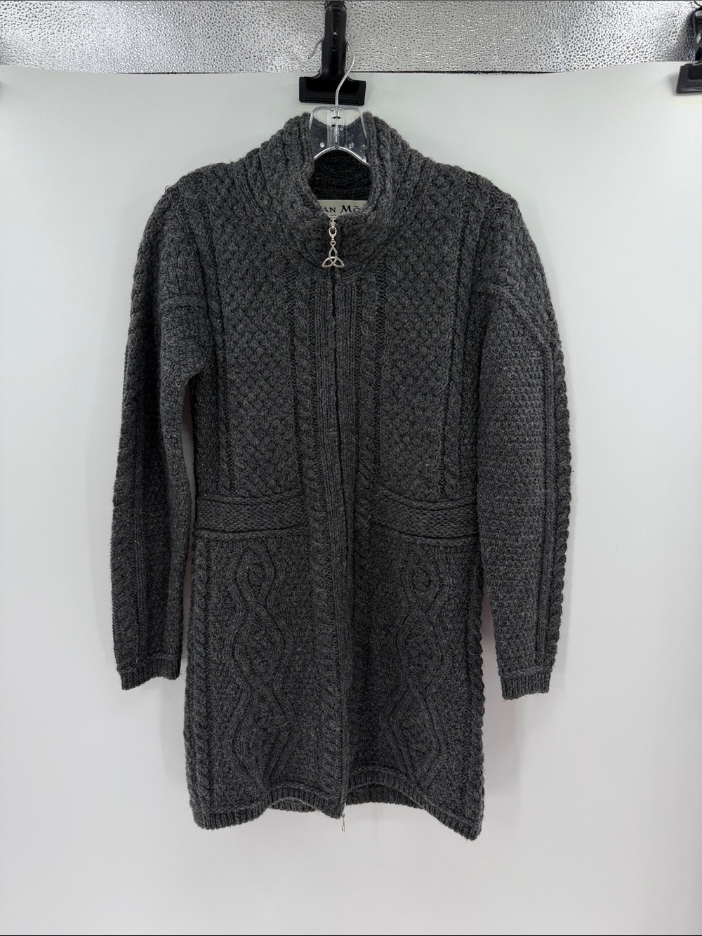 Aran Mor Ireland Women's 100% Merino Wool Full Zip Sweater - Charcoal - Small
